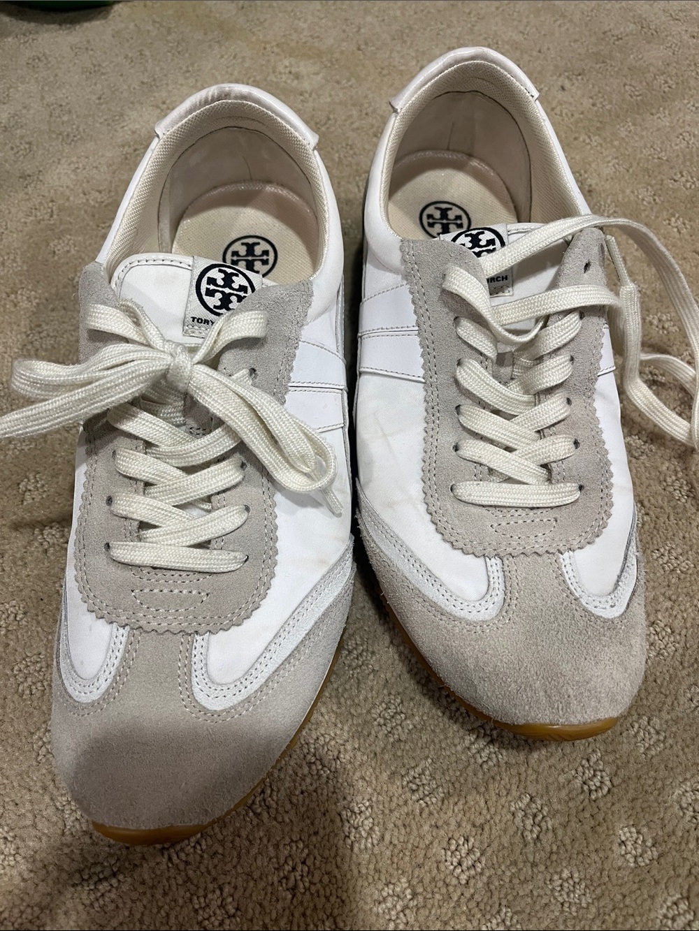 Men’s Tory Burch White and Light Gray Suede & Leather Sneakers